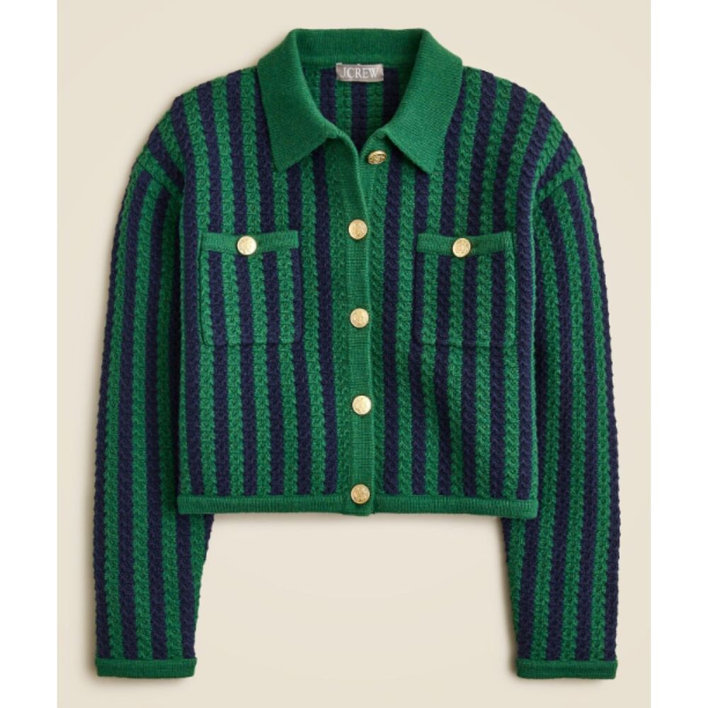 NWOT J.Crew Sweater Lady Jacket, Green/Navy Chevron Stripe, Size S
